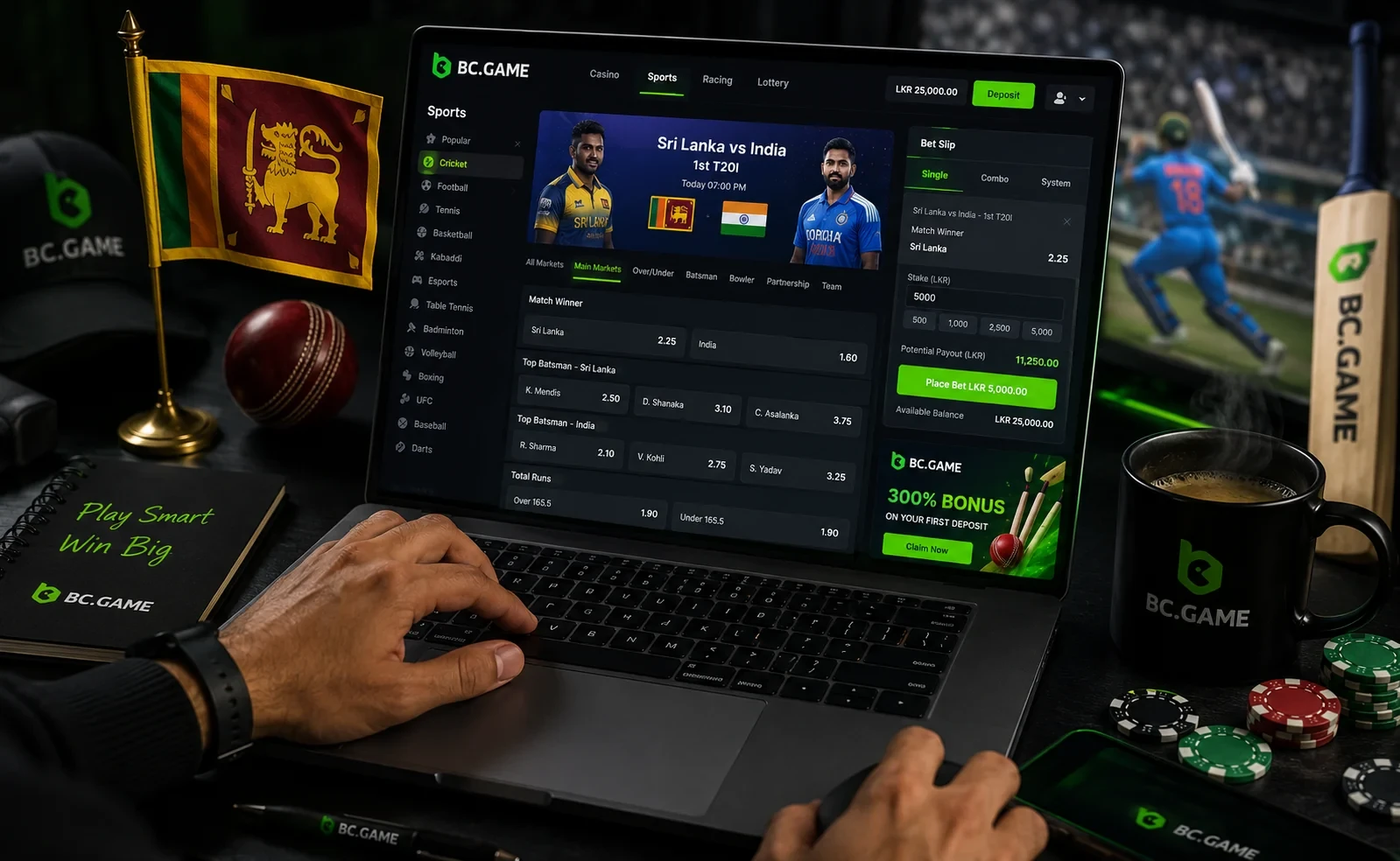 BC Game Sri Lanka laptop-ல் cricket betting bet slip அமைக்கும் காட்சி