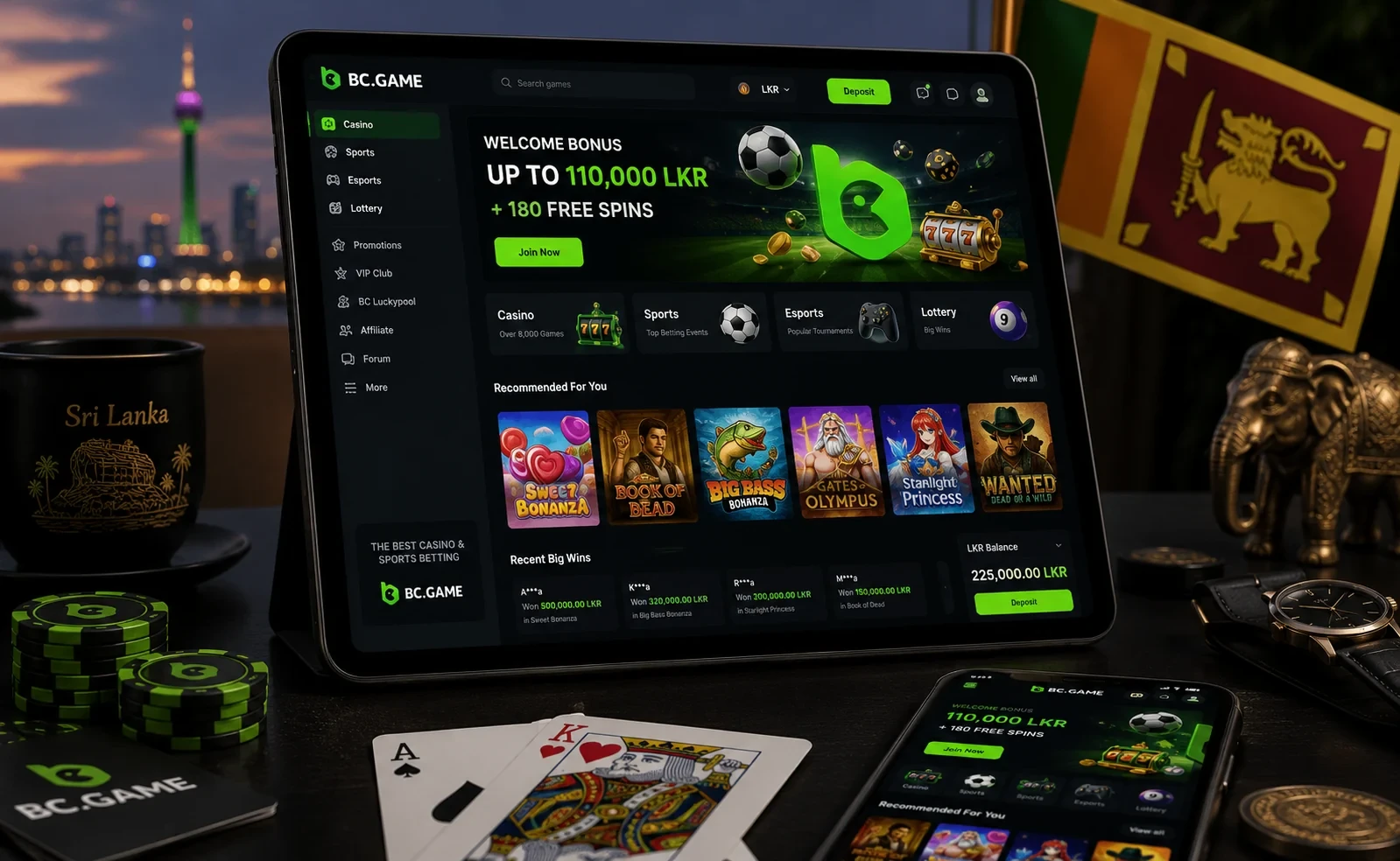 BC Game Sri Lanka website tablet device-ல் mobile casino app போல காட்டும் காட்சி